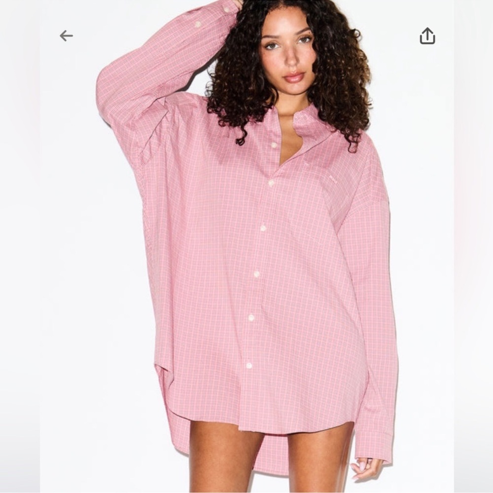 NWT SKIMS Cotton Poplin Sleep Shirt Dress Berry Check - SOLD OUT SIZE